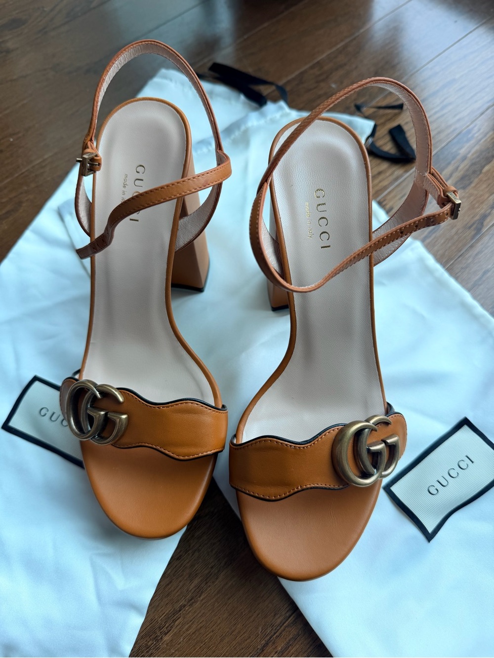 Gucci Brown Leather Block Heel Sandals with Double G Hardware